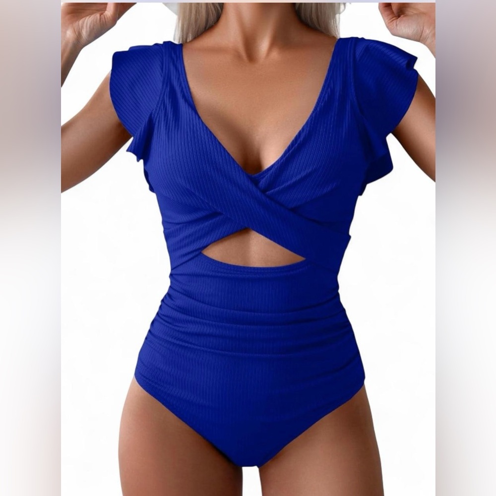 B2Prity One Piece Swimsuit Sz M Ruffle Sleeves Cutout Textured Tummy Control